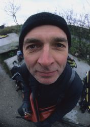Surface interval at Capernwray.
Mr Haslam between dives.... by Mark Thomas 